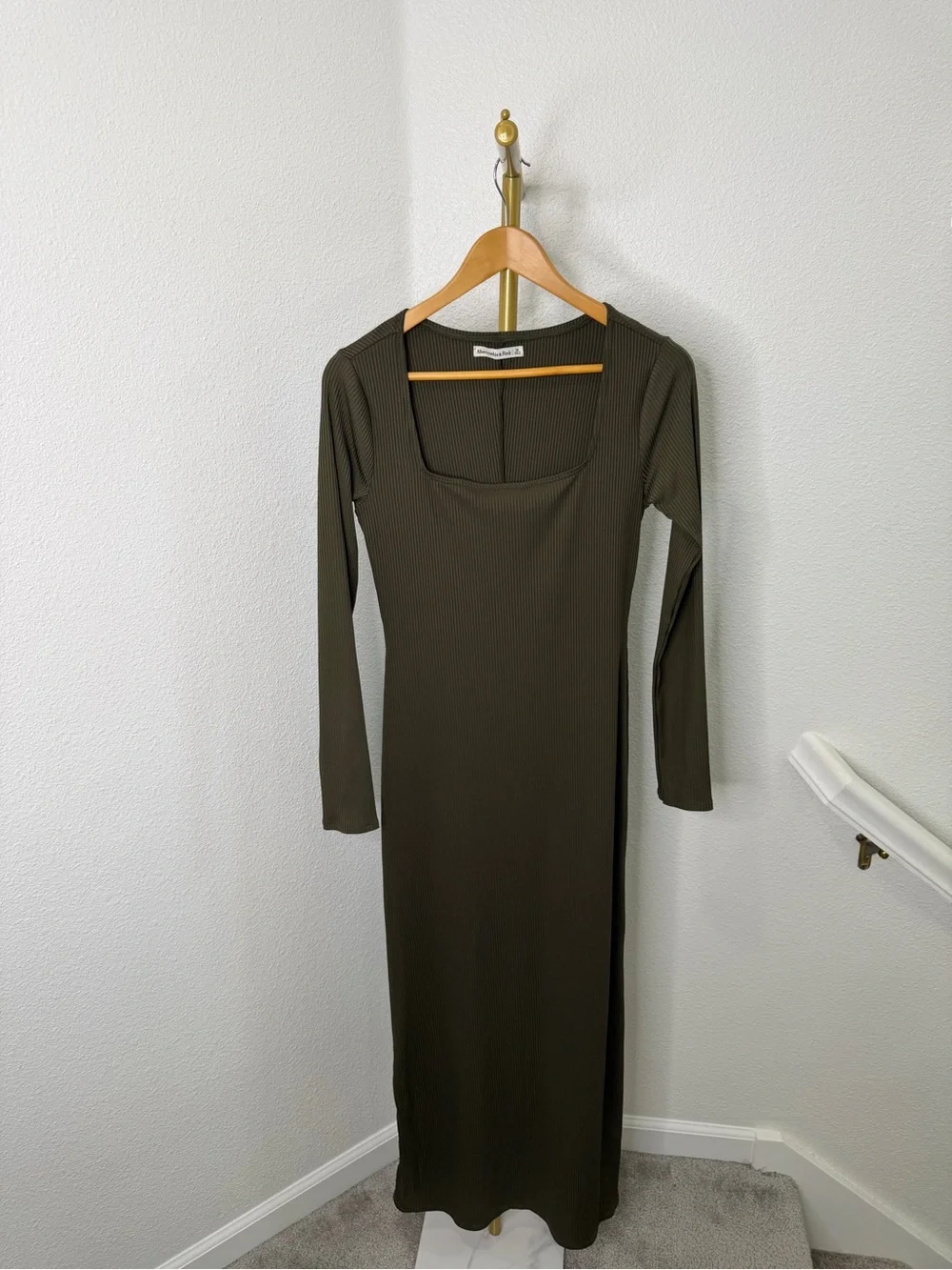 Abercrombie & Fitch Olive Green Ribbed Square-Neck Rib Knit Bodycon Maxi Dress M
